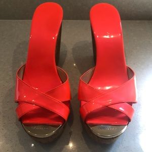 Jimmy Choo orange patent leather wedges, size 8